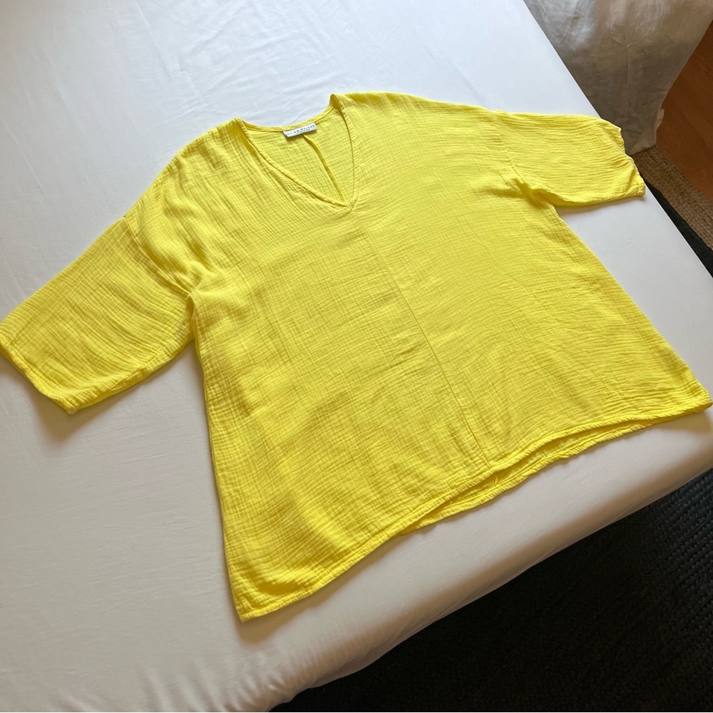 BRYN WALKER yellow cotton gauze lagenlook boxy short sleeve shirt blouse top